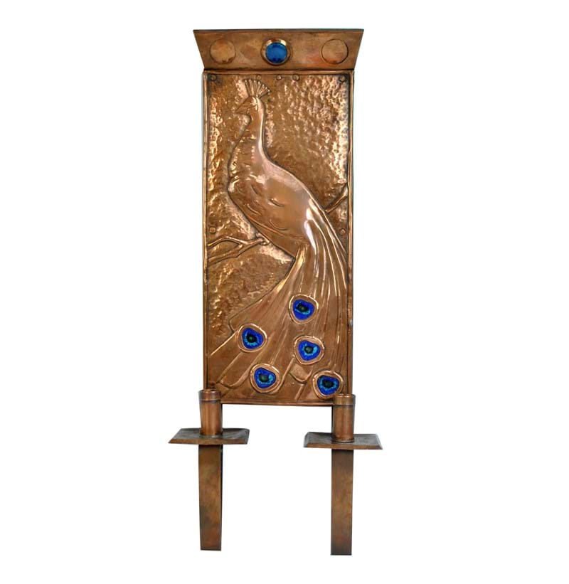 An Arts and Crafts copper and enamel decorated wall sconce. 
