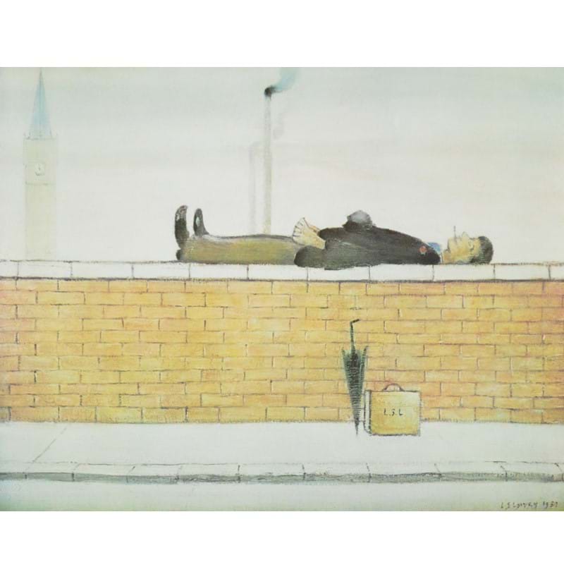 LAURENCE STEPHEN LOWRY (1887-1976); a signed limited edition coloured print, "Man Lying on a Wall". 