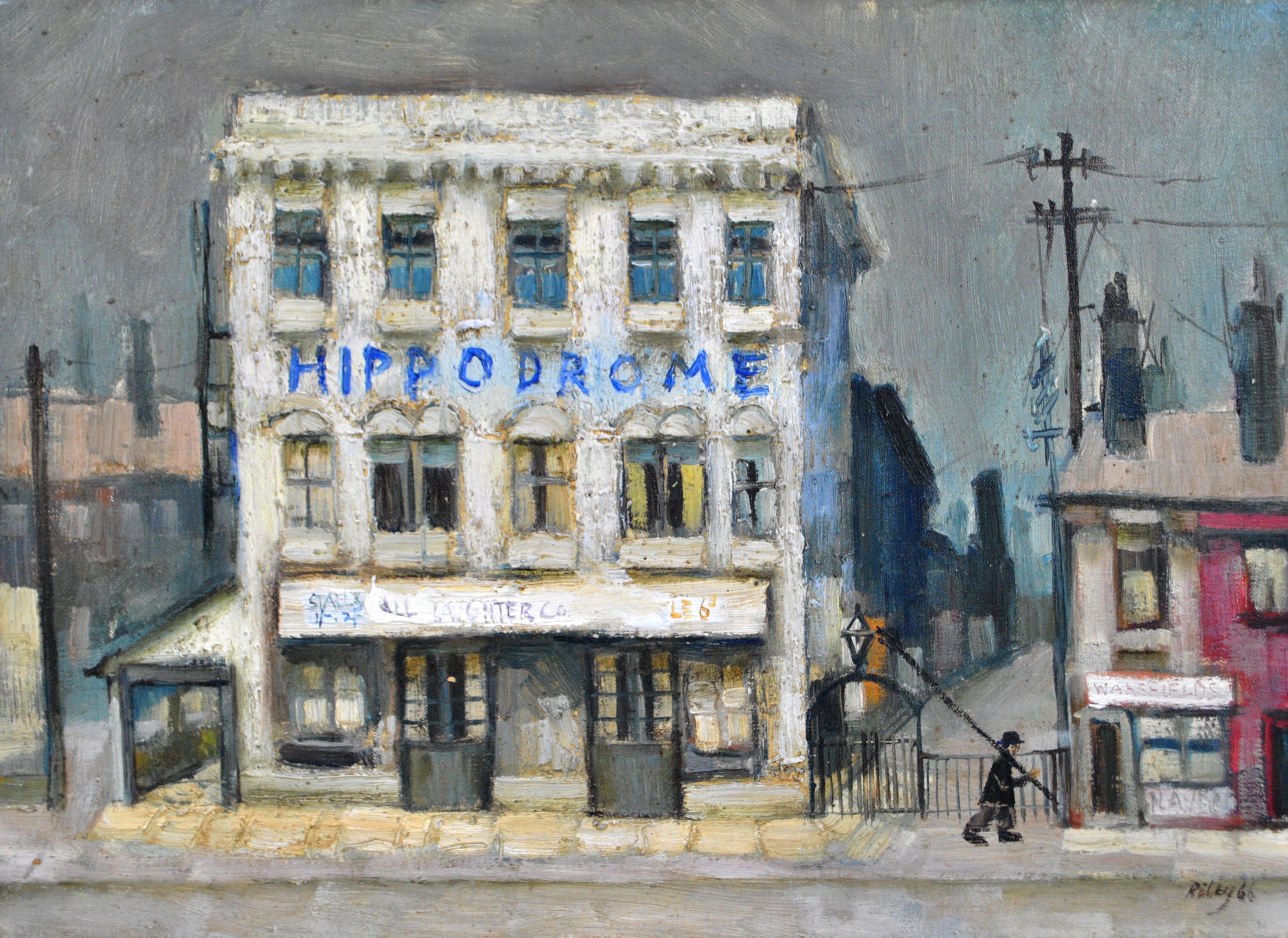HAROLD FRANCIS RILEY (born 1934); oil on canvas, a lamp lighter before The Hippodrome.