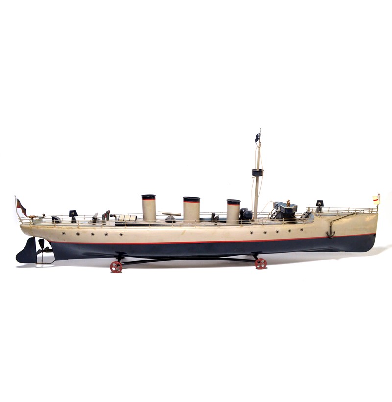 An early 20th century German Bing tinplate clockwork model of a torpedo ship.