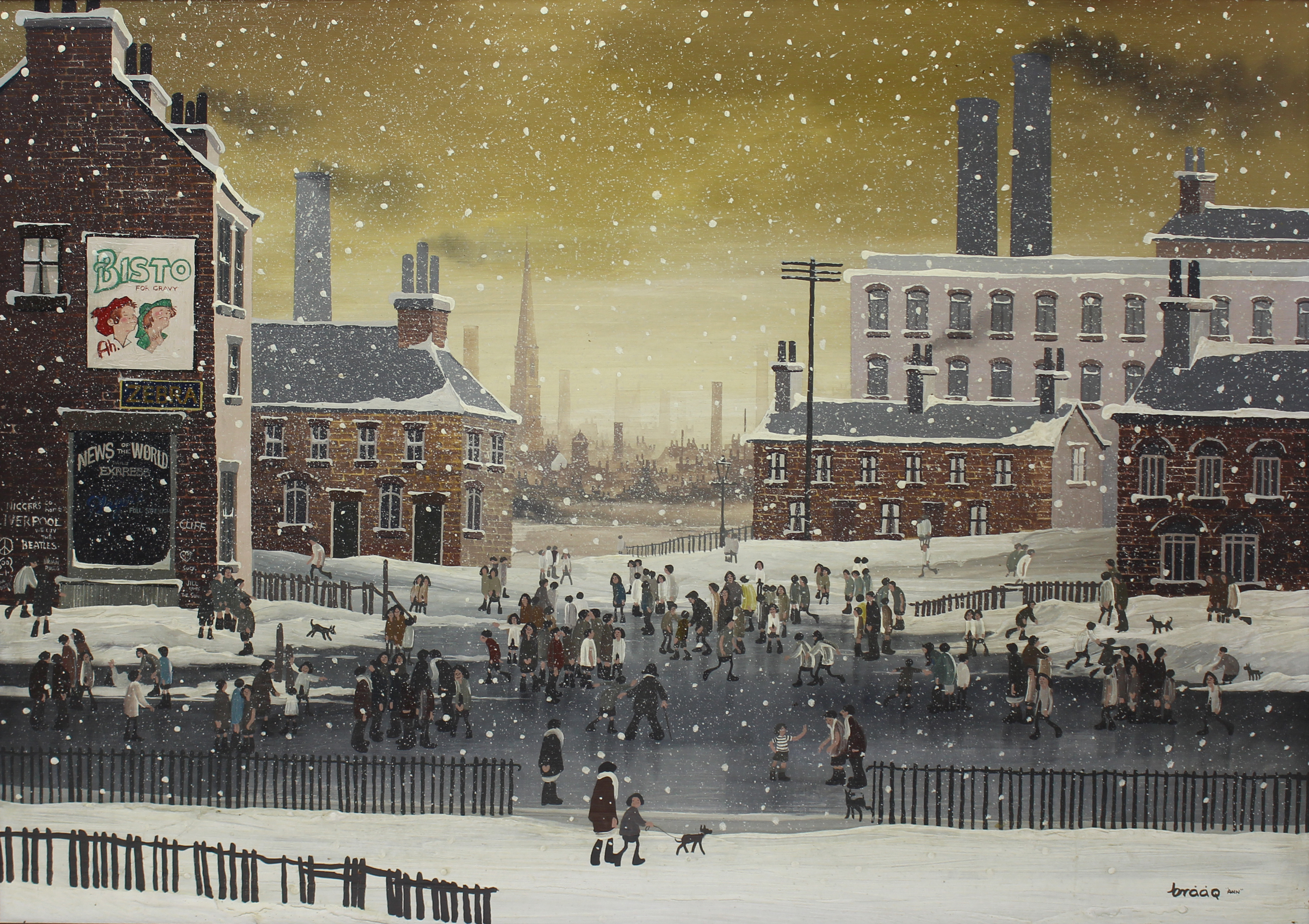 "BRAAQ" BRIAN SHIELDS (1951-1997); oil on board, snowy Liverpool street scene with Anglican Cathedral in skyline.