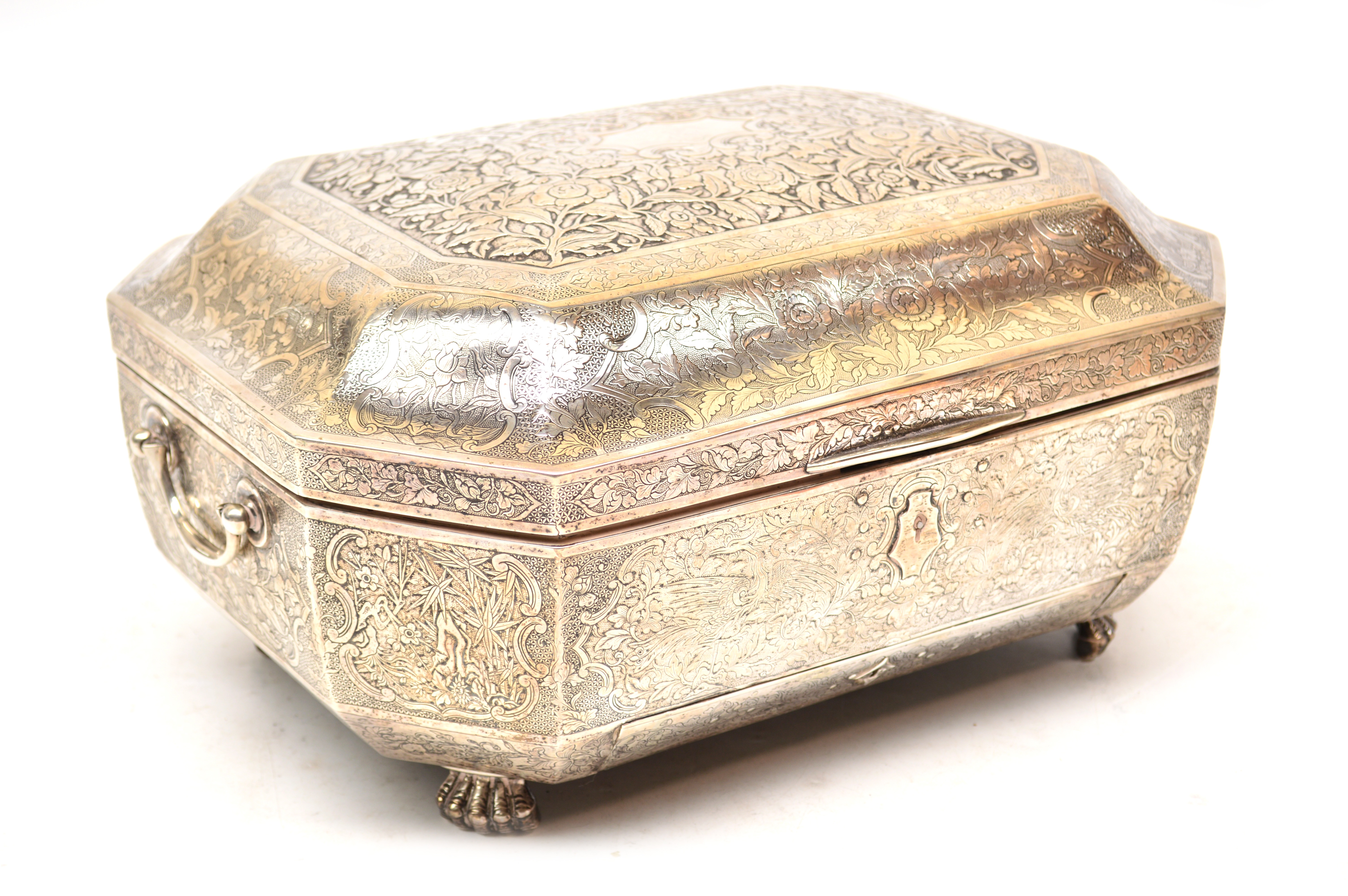 A large and impressive mid 19th century Chinese Export silver twin handled work box by Khe Cheong.