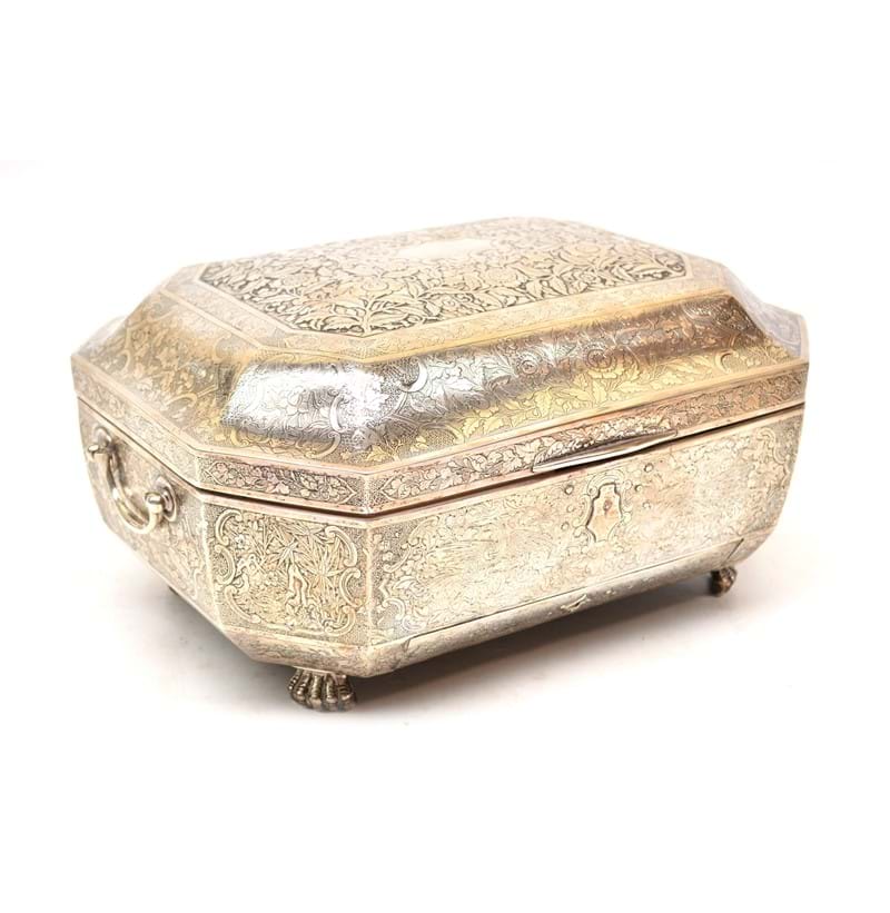 A large and impressive mid 19th century Chinese Export silver twin handled work box by Khe Cheong.