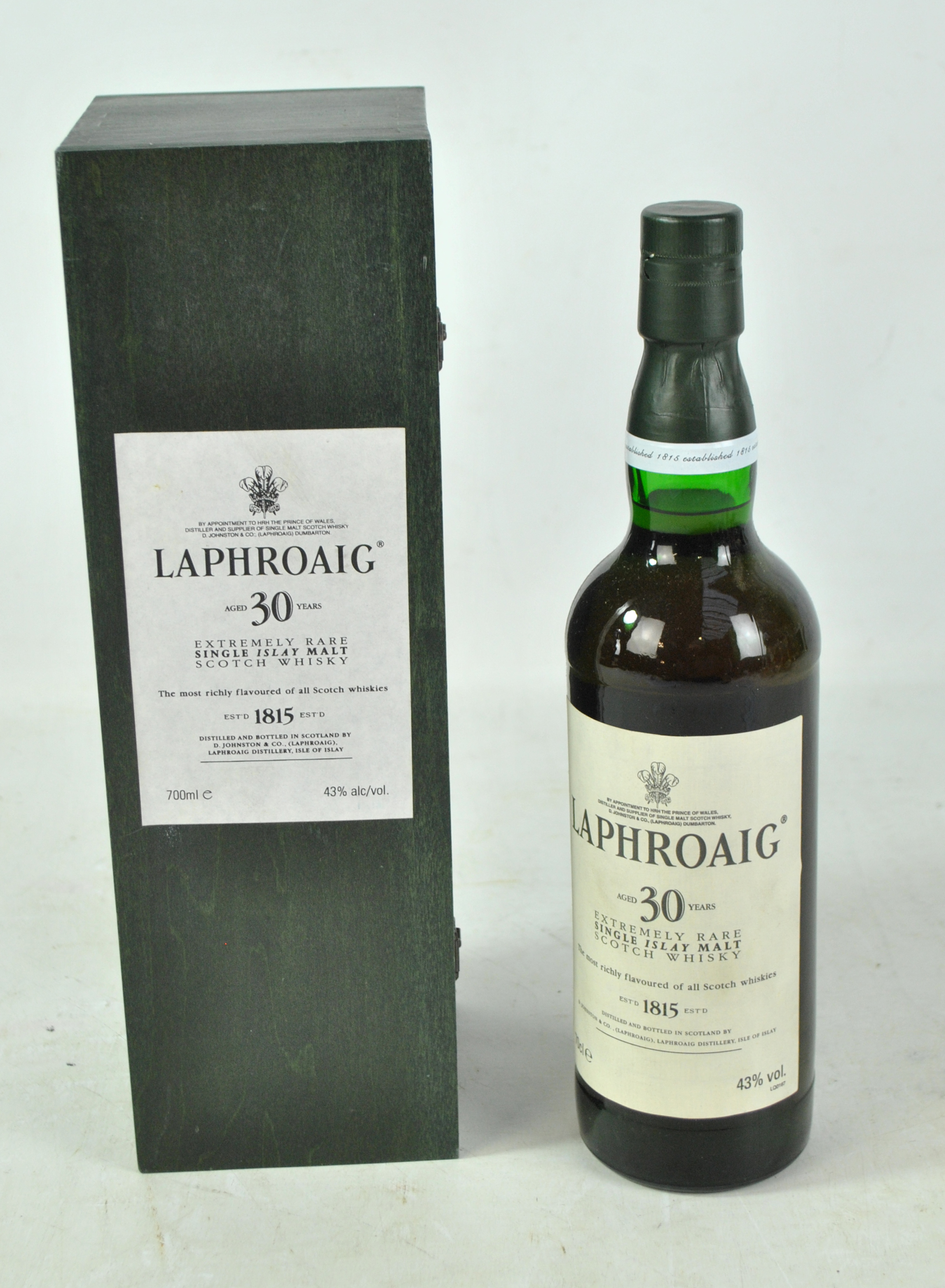 A rare single bottle of Laphroaig Aged 30 Years single Islay malt Scotch whisky. 