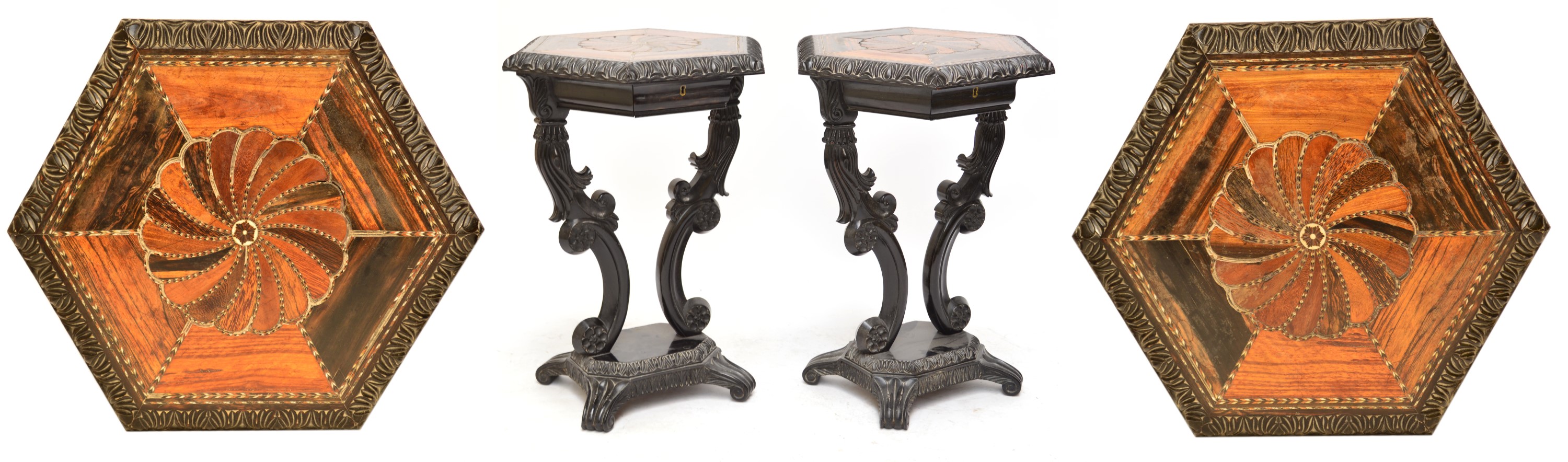 A pair of mid 19th century Sinhalese carved ebony and specimen wood inlaid occasional tables.