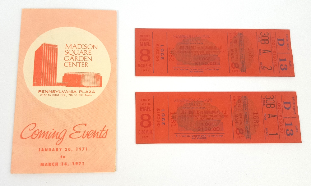 A pair of unused $150 tickets for Joe Frazier vs Muhammad Ali, 8th March 1971.