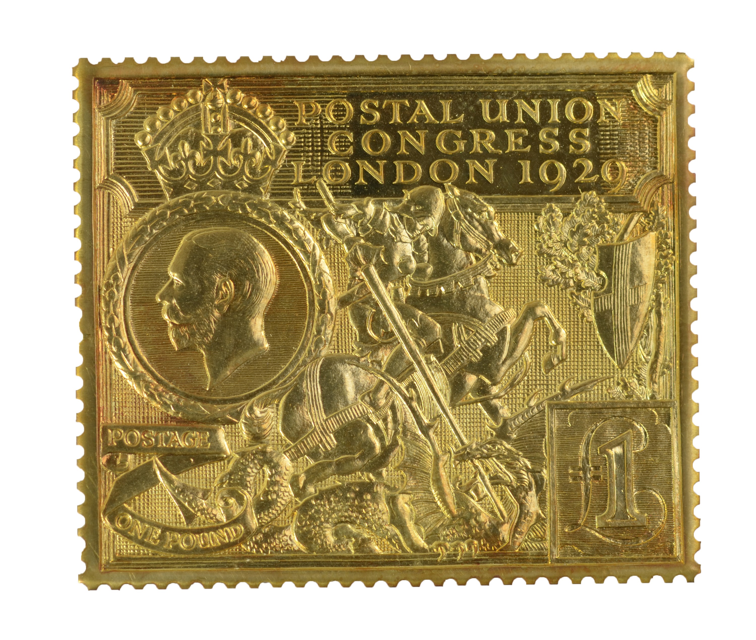 A cased 22ct yellow gold replica 1929 Postal Union Congress commemorative stamp.