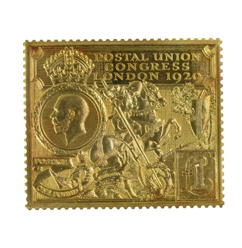 A cased 22ct yellow gold replica 1929 Postal Union Congress commemorative stamp.