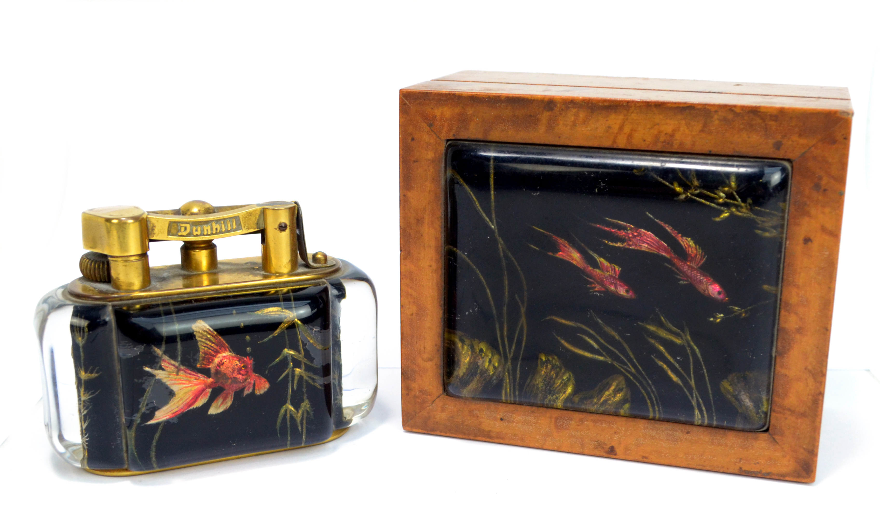 DUNHILL; a rare Aquarium lighter and matching cigarette box.