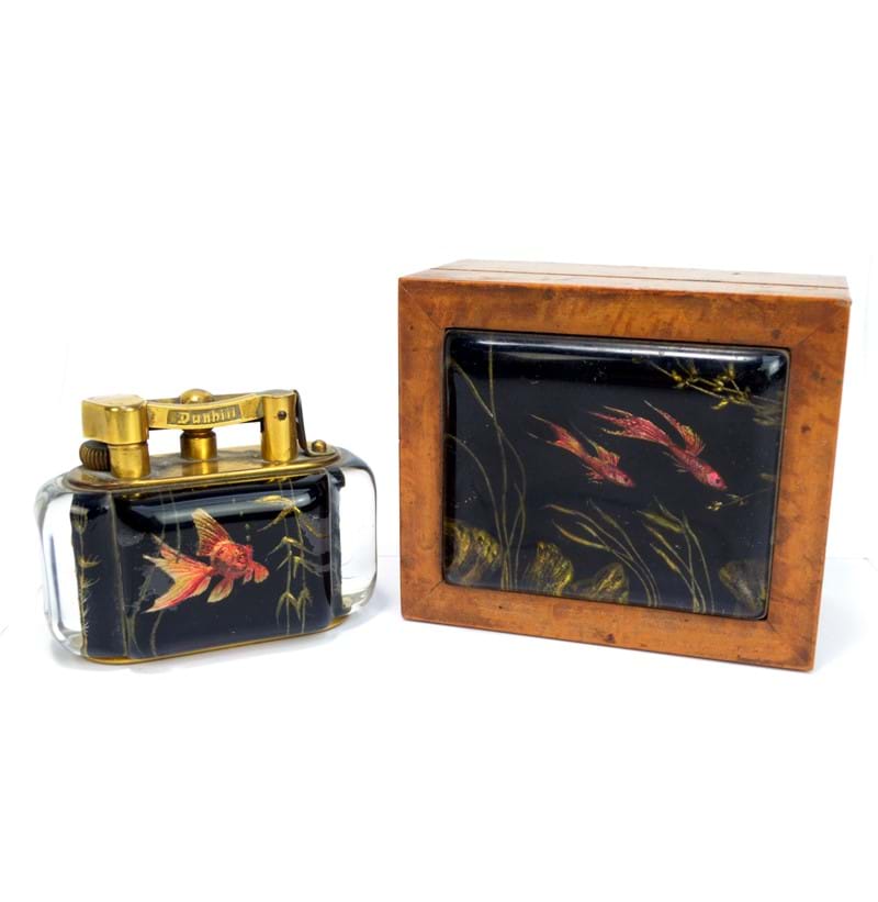 DUNHILL; a rare Aquarium lighter and matching cigarette box.