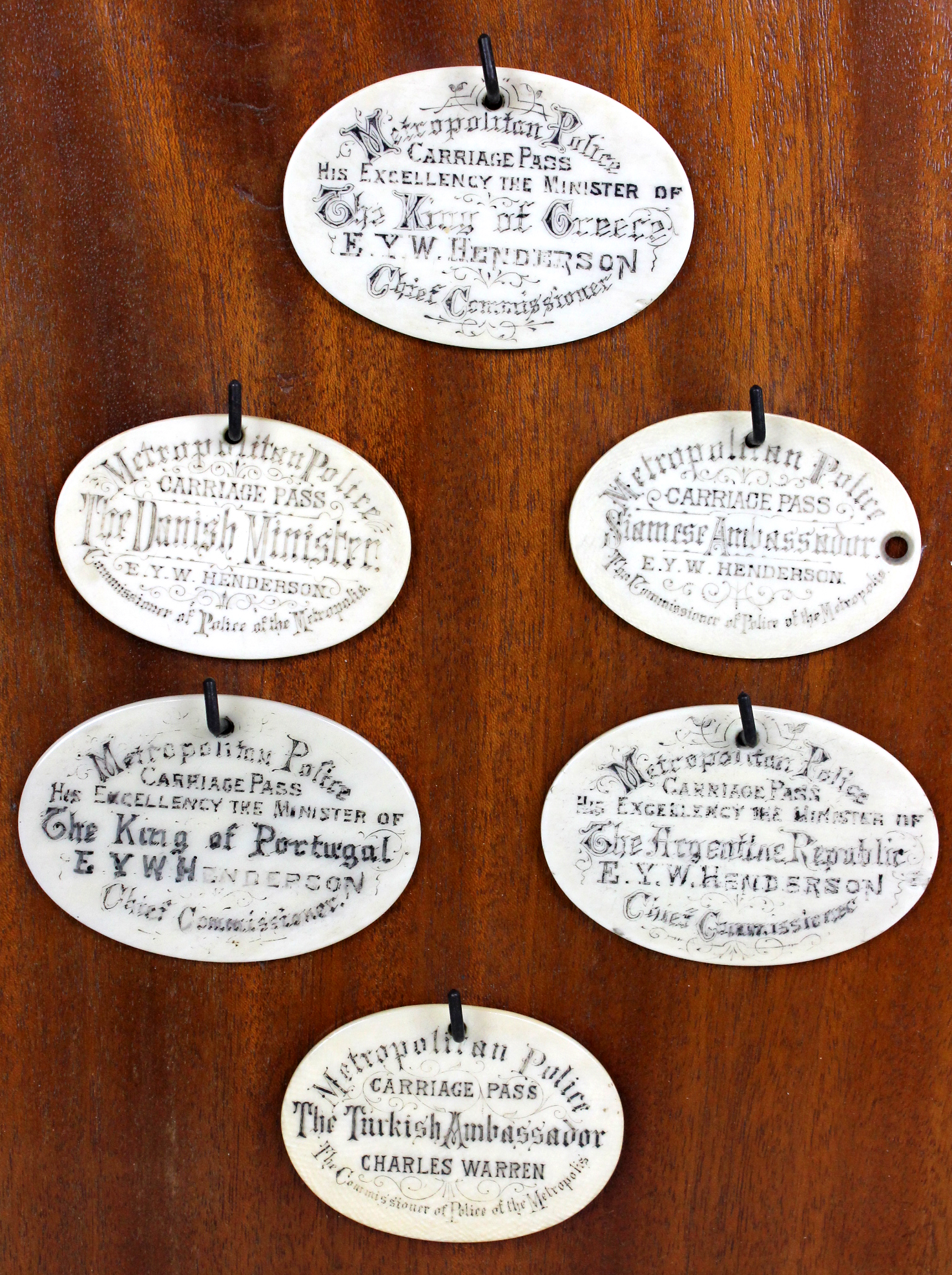 An unusual group of six 19th century ivory carriage pass tokens. 