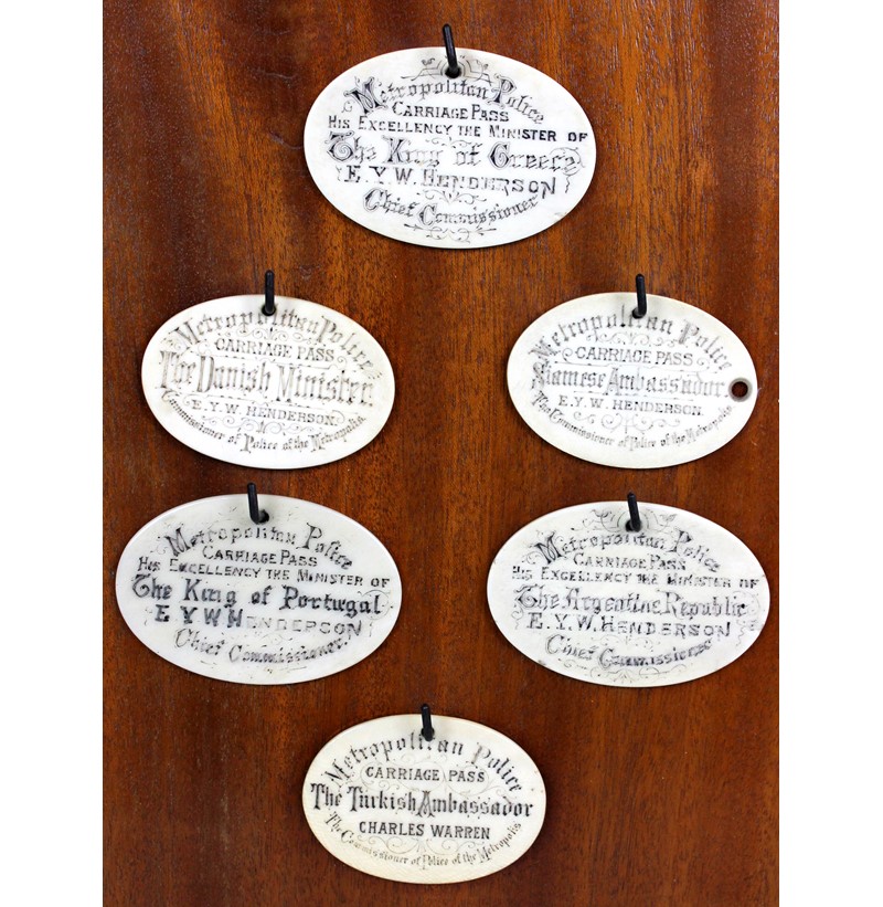 An unusual group of six 19th century ivory carriage pass tokens. 