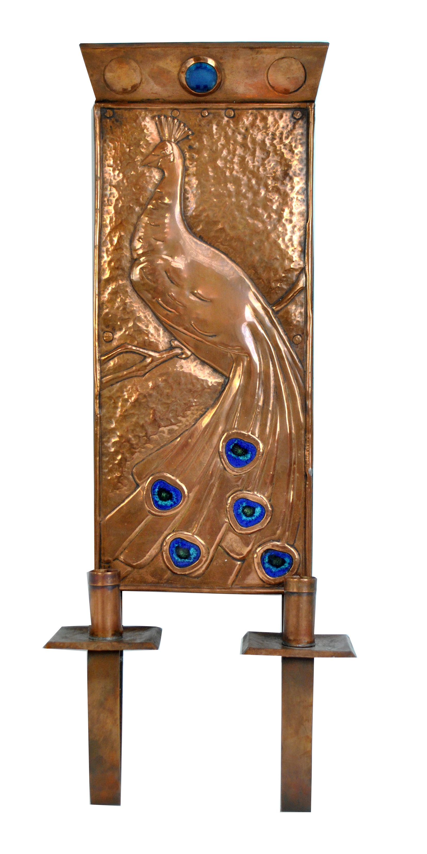 An Arts and Crafts copper and enamel decorated wall sconce. 