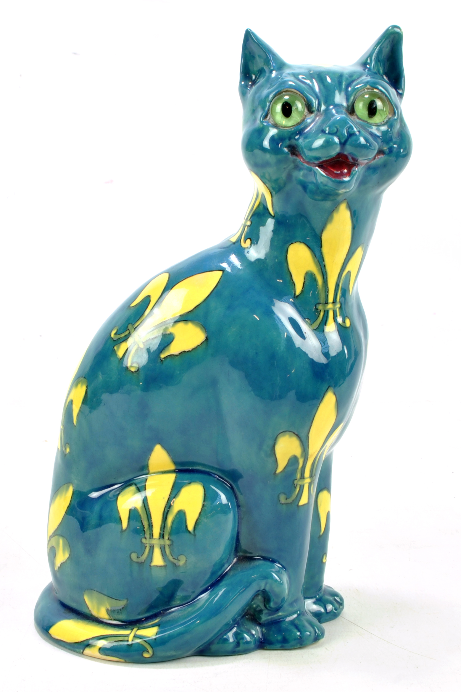 WILEMAN & CO; a rare Foley 'Intarsio' model of a small cat decorated with yellow fleur-de-lis on a blue ground.