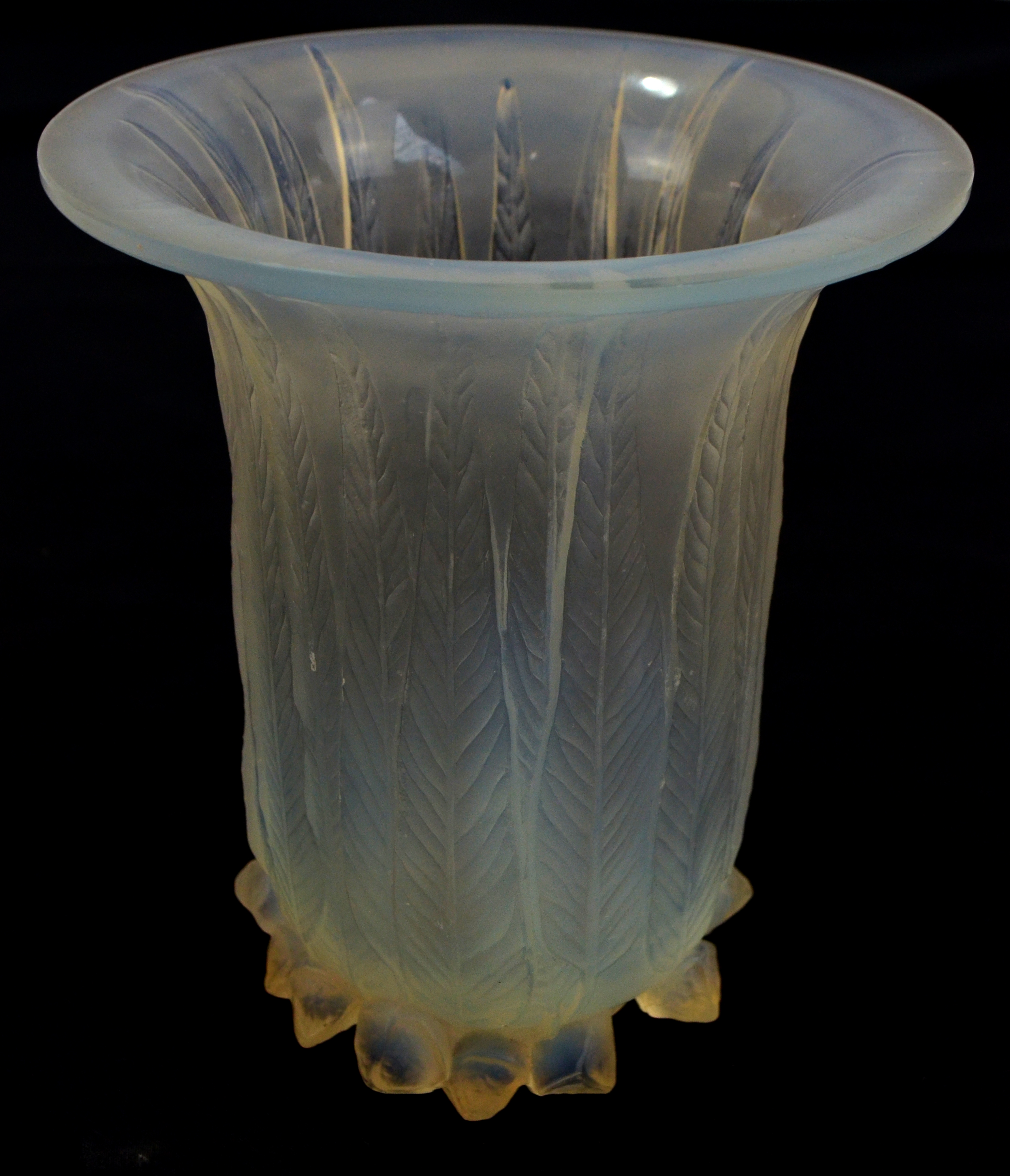 LALIQUE; an 'Eucalyptus' pattern opalescent glass bell shaped vase.