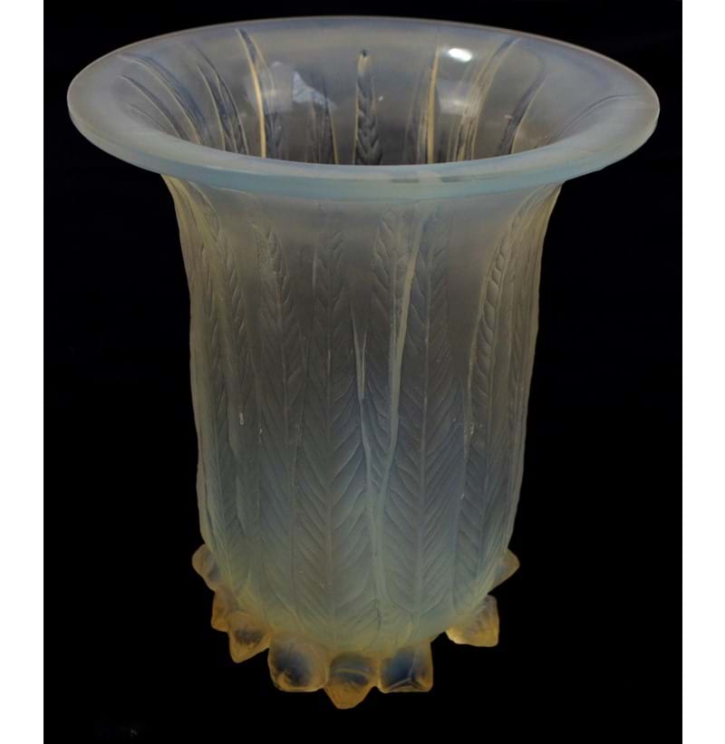 LALIQUE; an 'Eucalyptus' pattern opalescent glass bell shaped vase.
