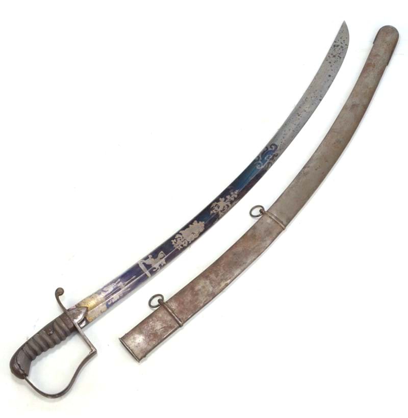 A 1796 pattern British light cavalry officer's dress sabre with partly blued blade and engraved decoration.