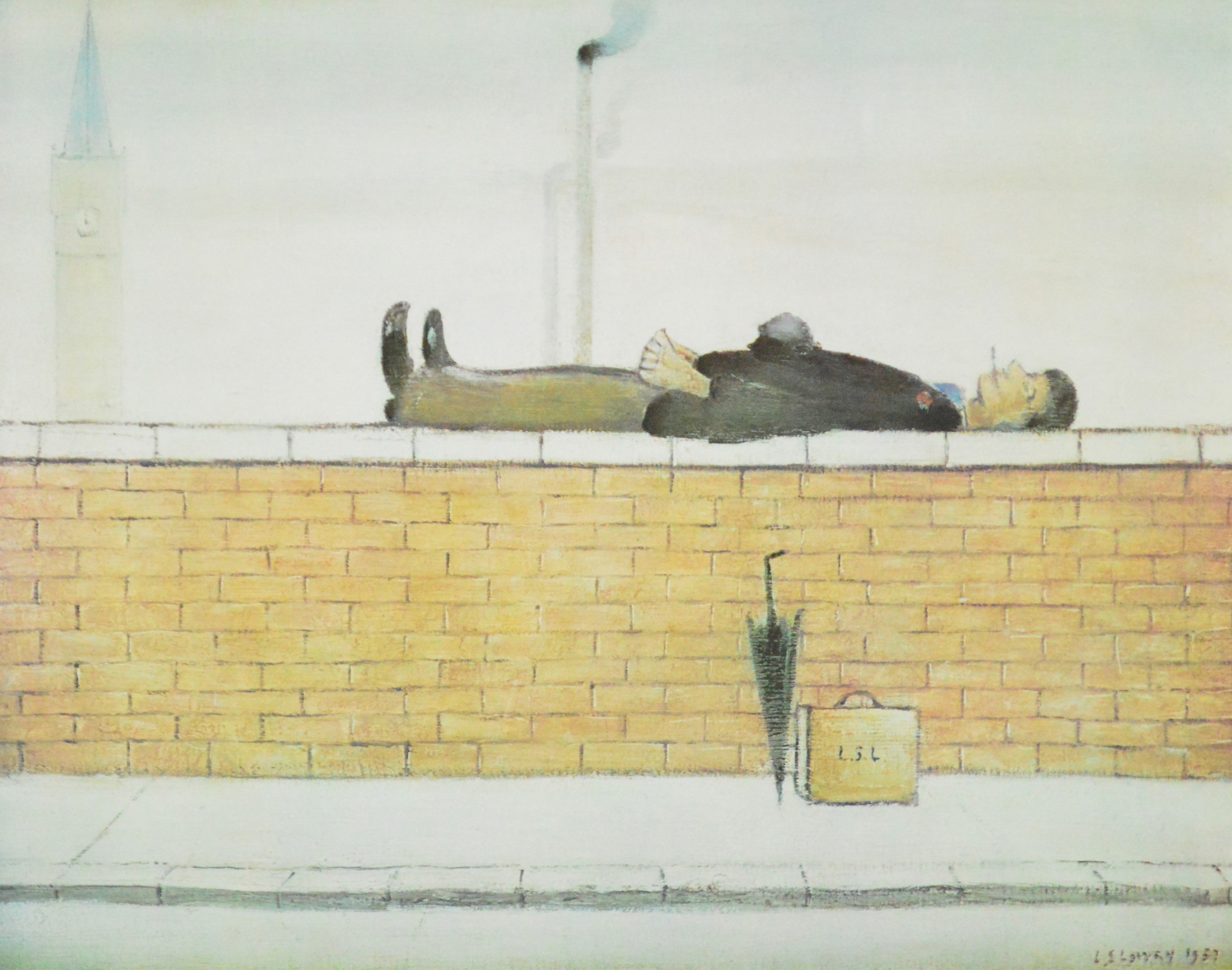 LAURENCE STEPHEN LOWRY (1887-1976); a signed limited edition coloured print, "Man Lying on a Wall". 
