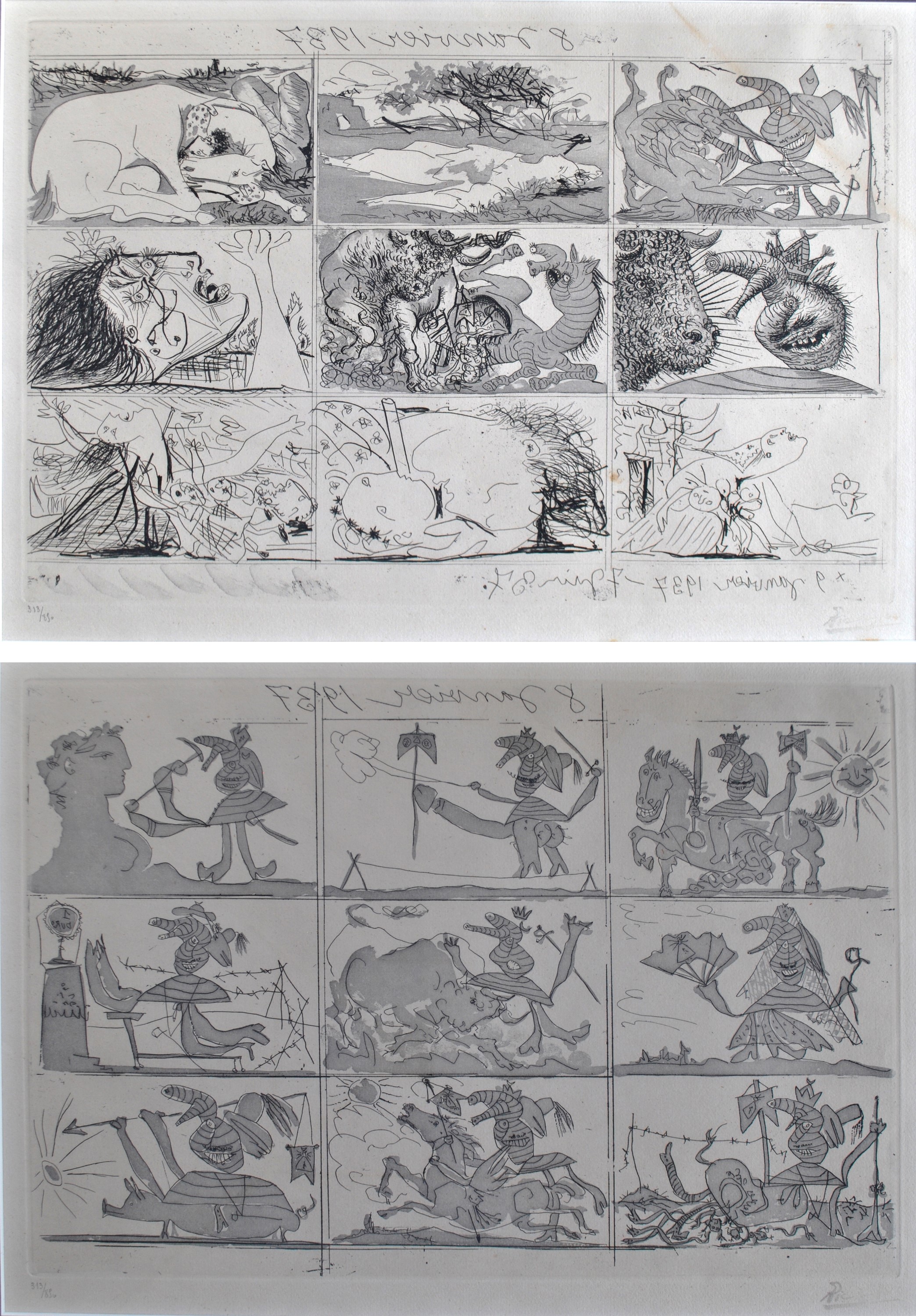 After PABLO PICASSO; a pair of limited edition black and white etchings, 'Sueno Y Mentira de Franco, 1937’.