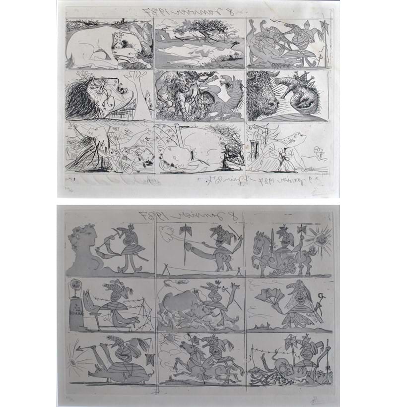 After PABLO PICASSO; a pair of limited edition black and white etchings, 'Sueno Y Mentira de Franco, 1937’. 