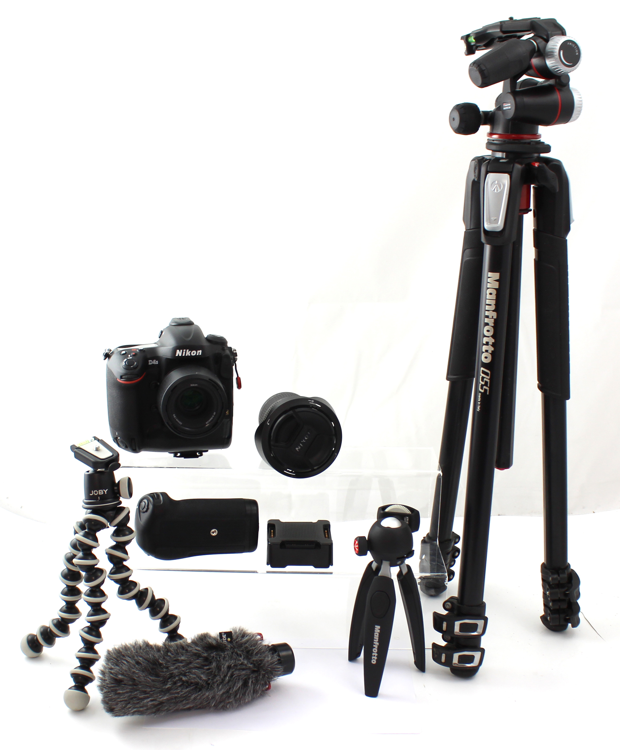 A camera bag containing a Nikon D4SFX camera with A.F.S Nikkor lens, a small Manfrotto tripod, a Nikon A.F.S. 16.35mm lens, a Manfrotto full-size tripod and various camera equipment to include brushes, small lenses etc.